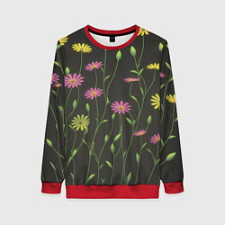 Свитшот женский Полевые цветочки на темном фоне, цвет: 3D-красный