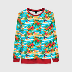 Свитшот женский Гавайский стиль море и цветы, цвет: 3D-красный