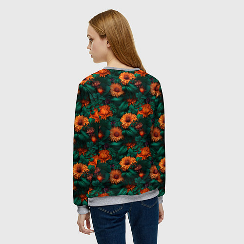 Женский свитшот Оранжевые цветы и зеленые листья / 3D-Меланж – фото 4