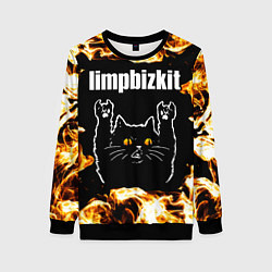 Свитшот женский Limp Bizkit рок кот и огонь, цвет: 3D-черный