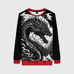 Свитшот женский Черно-белый дракон и волны, цвет: 3D-красный
