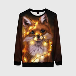 Свитшот женский Лисенок в гирлянде, цвет: 3D-черный