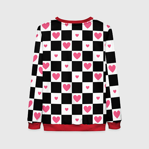 Женский свитшот Розовые сердечки на фоне шахматной черно-белой дос / 3D-Красный – фото 2