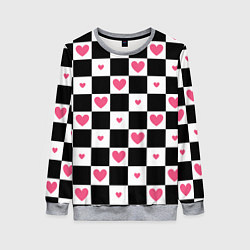 Свитшот женский Розовые сердечки на фоне шахматной черно-белой дос, цвет: 3D-меланж