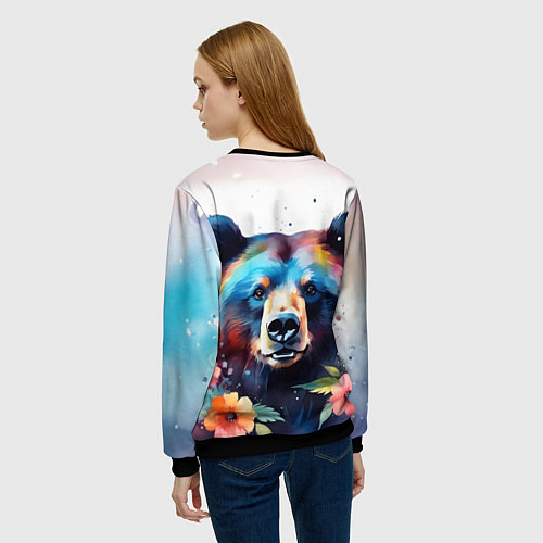 Женский свитшот Портрет медведя гризли с цветами акварелью / 3D-Черный – фото 4