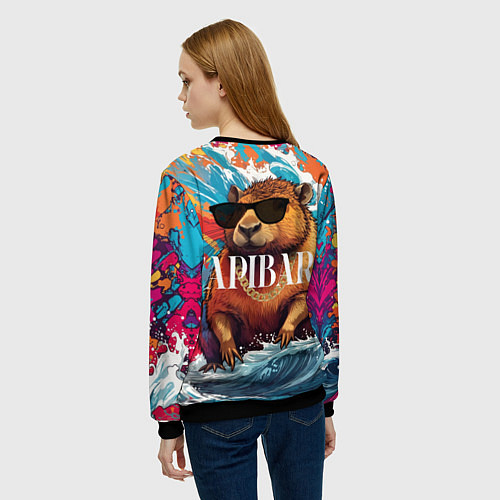 Женский свитшот Капибара в очках на красочных волнах / 3D-Черный – фото 4