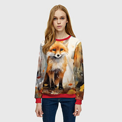 Свитшот женский Лиса в осеннем лесу акварель, цвет: 3D-красный — фото 2