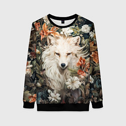 Свитшот женский Белая лисица в кустах цветов, цвет: 3D-черный