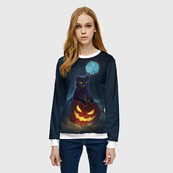 Свитшот женский Кот с тыквой - хэллоуин, цвет: 3D-белый — фото 2