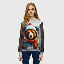 Свитшот женский Бурый медведь в зимней одежде, цвет: 3D-меланж — фото 2