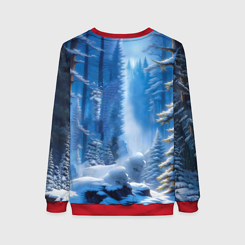 Женский свитшот Волк в зимнем ночном лесу / 3D-Красный – фото 2