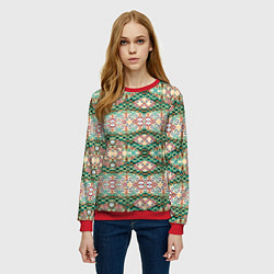 Свитшот женский Орнамент зеленый мелкий икат, цвет: 3D-красный — фото 2