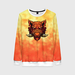 Свитшот женский Огненный дикий кабан на фоне пламени, цвет: 3D-белый