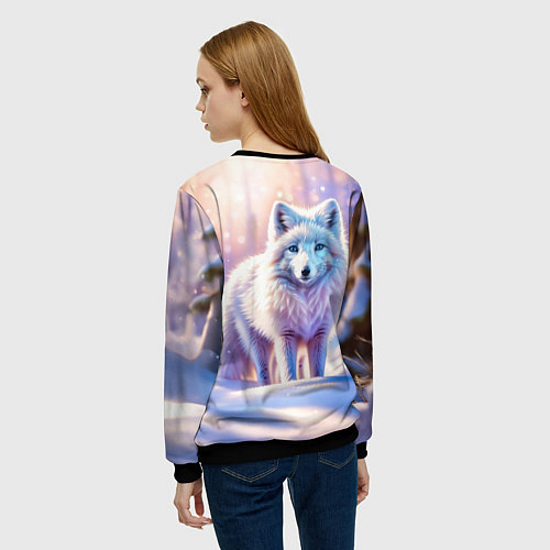 Женский свитшот Заснеженный зимний пейзаж с песцом / 3D-Черный – фото 4