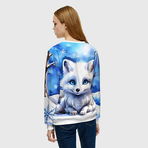Женский свитшот Портрет мультяшного песца акварель / 3D-Белый – фото 4