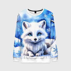 Свитшот женский Портрет мультяшного песца акварель, цвет: 3D-белый