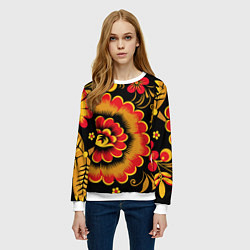 Свитшот женский Хохломская роспись красно-жёлтые цветы на чёрном ф, цвет: 3D-белый — фото 2