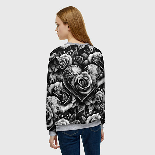 Женский свитшот Черно белое сердце и розы / 3D-Меланж – фото 4