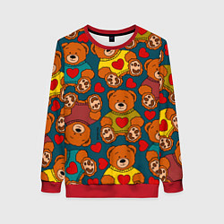 Свитшот женский Мишки игрушки в цветных свитерах и сердечки, цвет: 3D-красный