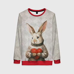 Свитшот женский Влюблённый кролик в свитере с сердцем, цвет: 3D-красный