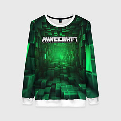 Свитшот женский Minecraft logo зеленые плитки, цвет: 3D-белый