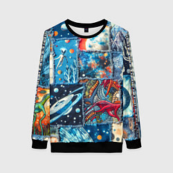 Свитшот женский Космические обитатели на дениме, цвет: 3D-черный