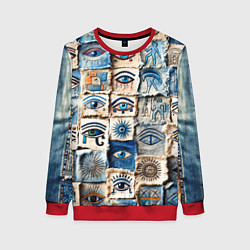Свитшот женский Глаза на пэчворк дениме, цвет: 3D-красный