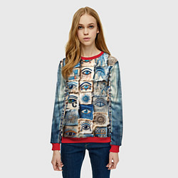 Свитшот женский Глаза на пэчворк дениме, цвет: 3D-красный — фото 2