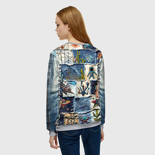 Женский свитшот Джинсовый пэчворк с пришельцами / 3D-Меланж – фото 4