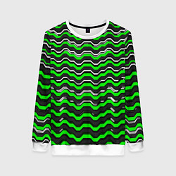 Свитшот женский Белые и зелёные полосы на чёрном фоне, цвет: 3D-белый