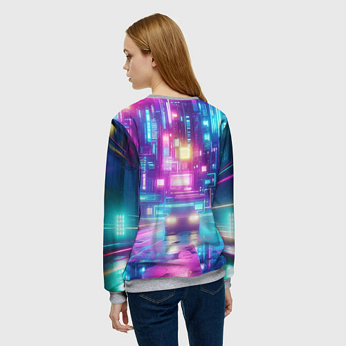 Женский свитшот Кибер ведьма в неоновом городе - нейросеть / 3D-Меланж – фото 4