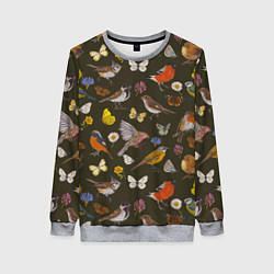 Свитшот женский Птицы и бабочки с цветами паттерн, цвет: 3D-меланж