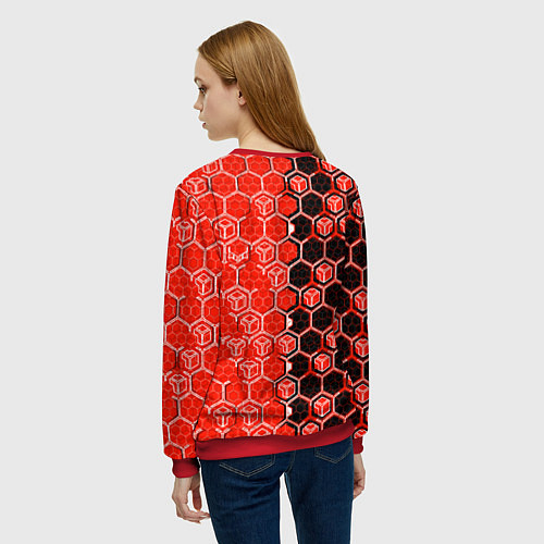 Женский свитшот Техно-киберпанк шестиугольники красный и чёрный / 3D-Красный – фото 4