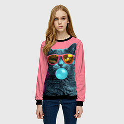 Свитшот женский Кот надувает жвачку, цвет: 3D-черный — фото 2