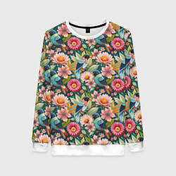 Свитшот женский Тропические птицы в цветах, цвет: 3D-белый