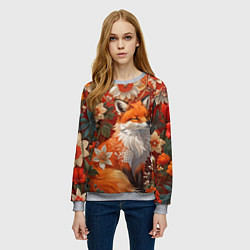 Свитшот женский Умилительный лисёнок в цветах, цвет: 3D-меланж — фото 2