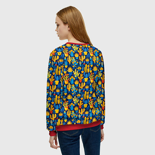 Женский свитшот Кактусы разноцветный мексиканский яркий узор / 3D-Красный – фото 4