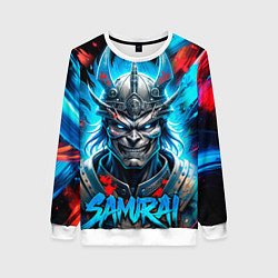 Женский свитшот Самурай синий неоновый демон со светящимися глазам