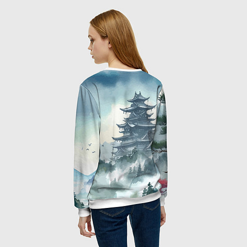 Женский свитшот Японская пагода в тумане - нейросеть / 3D-Белый – фото 4