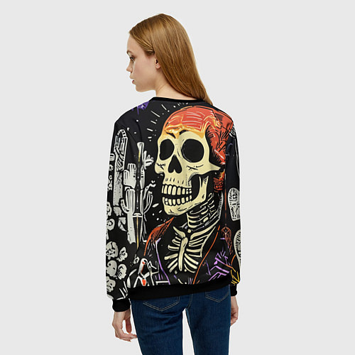 Женский свитшот Мексиканский скелет в пиджаке на кладбище / 3D-Черный – фото 4