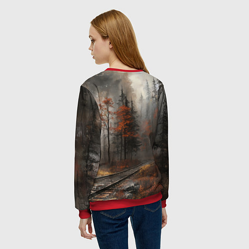 Женский свитшот Паровоз в осеннем лесу / 3D-Красный – фото 4