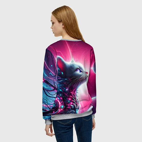 Женский свитшот Космический кибер котёнок - неоновое свечение / 3D-Меланж – фото 4