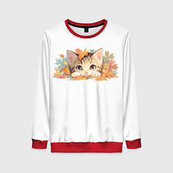 Свитшот женский Котёнок в листьях, цвет: 3D-красный