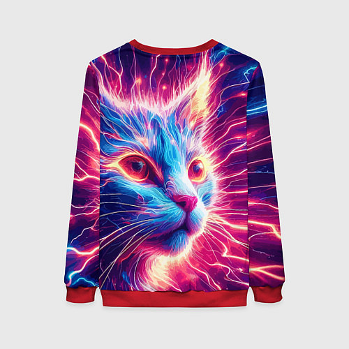 Женский свитшот Неоновая мордочка котёнка - нейроарт элетро кот / 3D-Красный – фото 2