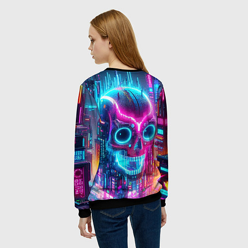 Женский свитшот Neon skull in metropolis - future / 3D-Черный – фото 4