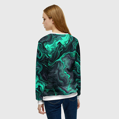 Женский свитшот Бирюзовый мрамор на черном фоне / 3D-Белый – фото 4