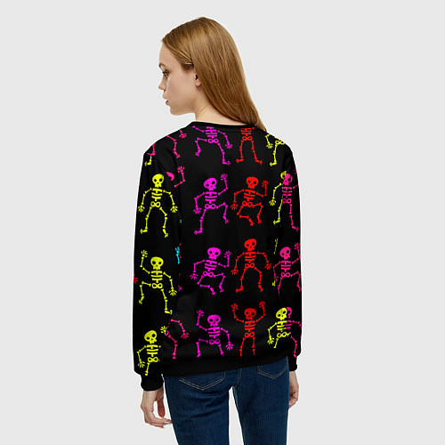 Женский свитшот Разноцветные танцующие скелетики паттерн / 3D-Черный – фото 4