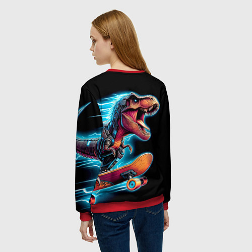 Женский свитшот Cool Dino on a skateboard - neon glow fantasy / 3D-Красный – фото 4