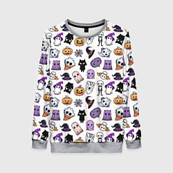 Свитшот женский Кавайный хэллоуин - призраки и черепа на белом фон, цвет: 3D-меланж