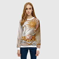 Свитшот женский Фарфоровый лебедь и солнце на розовом мраморе, цвет: 3D-белый — фото 2